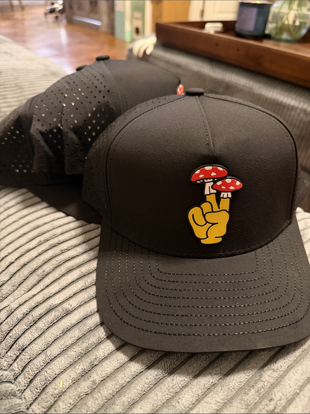 Men’s road trip Black Cap with Mushroom Peace Patch